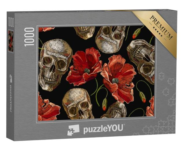 Puzzel 1000 stukjes „Gotisch borduurmotief van een menselijke schedel en rode klaprozen“