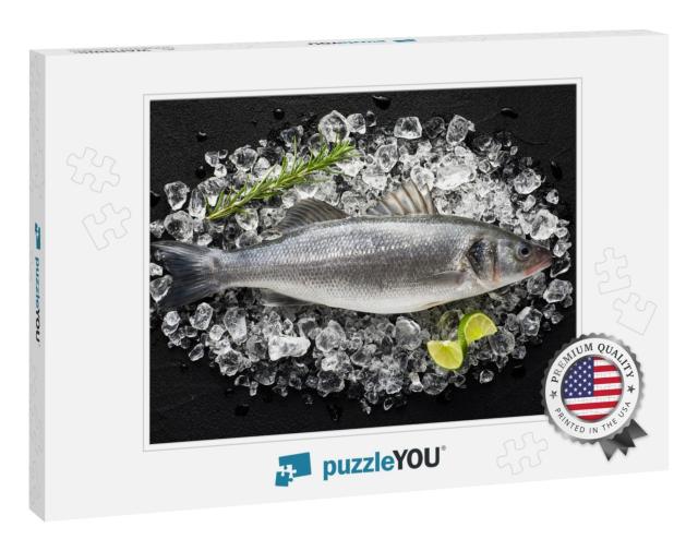 Fresh Sea Bass Fish on Ice on a Black Stone Table Top Vie... Jigsaw Puzzle