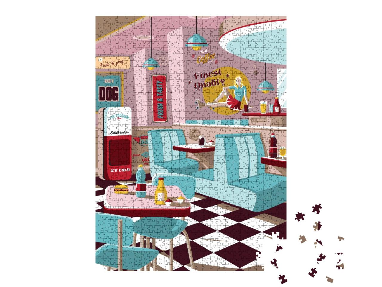 Puzzle 1000 Teile „Vektor-Design, amerikanisches Restaurant-Poster, Fast Food, Retro-Innenräume“