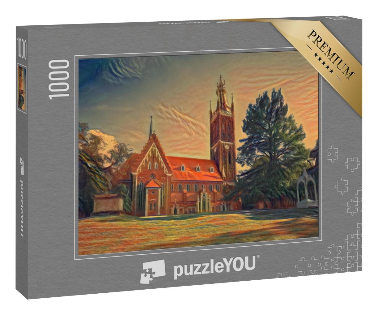Puzzle 1000 Teile „im Stil von Edvard Munch, Der Schrei - St. Petri Kirche in Wörlitz, Dessau, Sachsen-Anhalt, Deutschland“