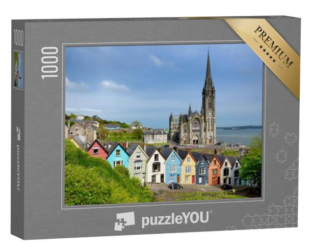 Puzzel 1000 stukjes „Kleurrijke rijtjeshuizen voor de kathedraal van Cobh, County Cork, Ierland“