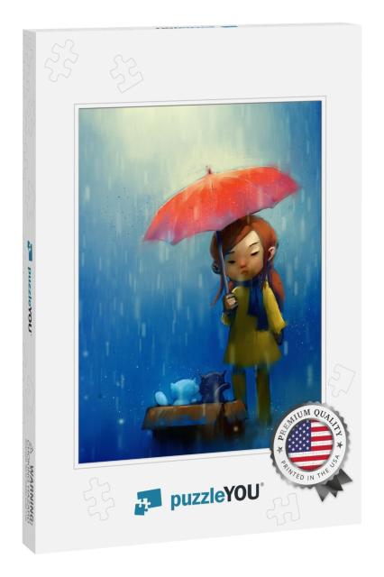 Digital Painting of Stray Cats & Girl in Rainy Day, Acryl... Jigsaw Puzzle