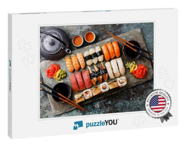 Sushi Set Nigiri & Sushi Rolls with Tea Served on Gray St... Jigsaw Puzzle