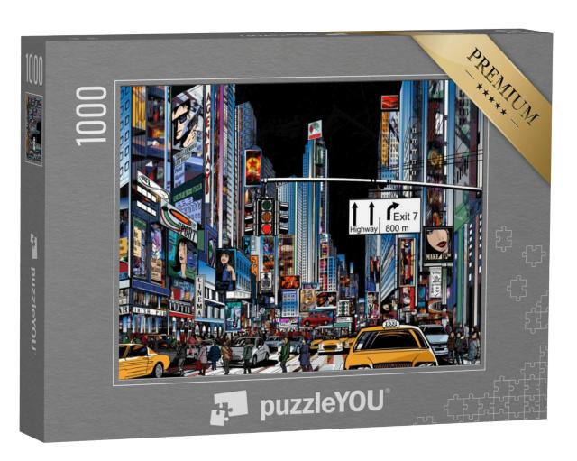 Puzzel 1000 stukjes „Vectorillustratie van een straat in New York City bij nacht“