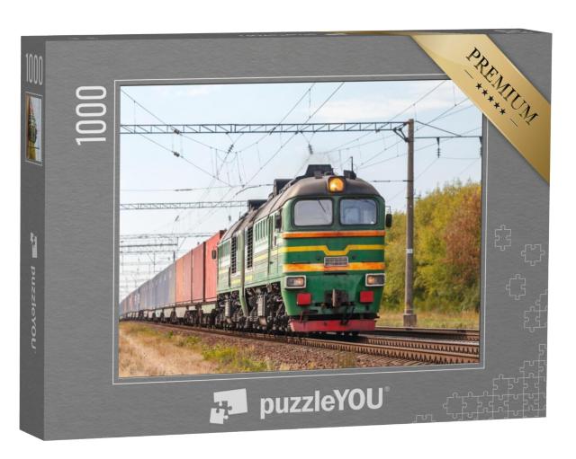 Puzzel 1000 stukjes „Een krachtige groene diesellocomotief 2M62 trekt een goederentrein“