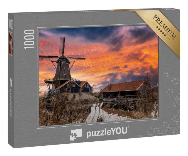 Puzzle 1000 Teile „Romantische Windmühle an einem Fluss, Bauernhof bei Sonnenaufgang“