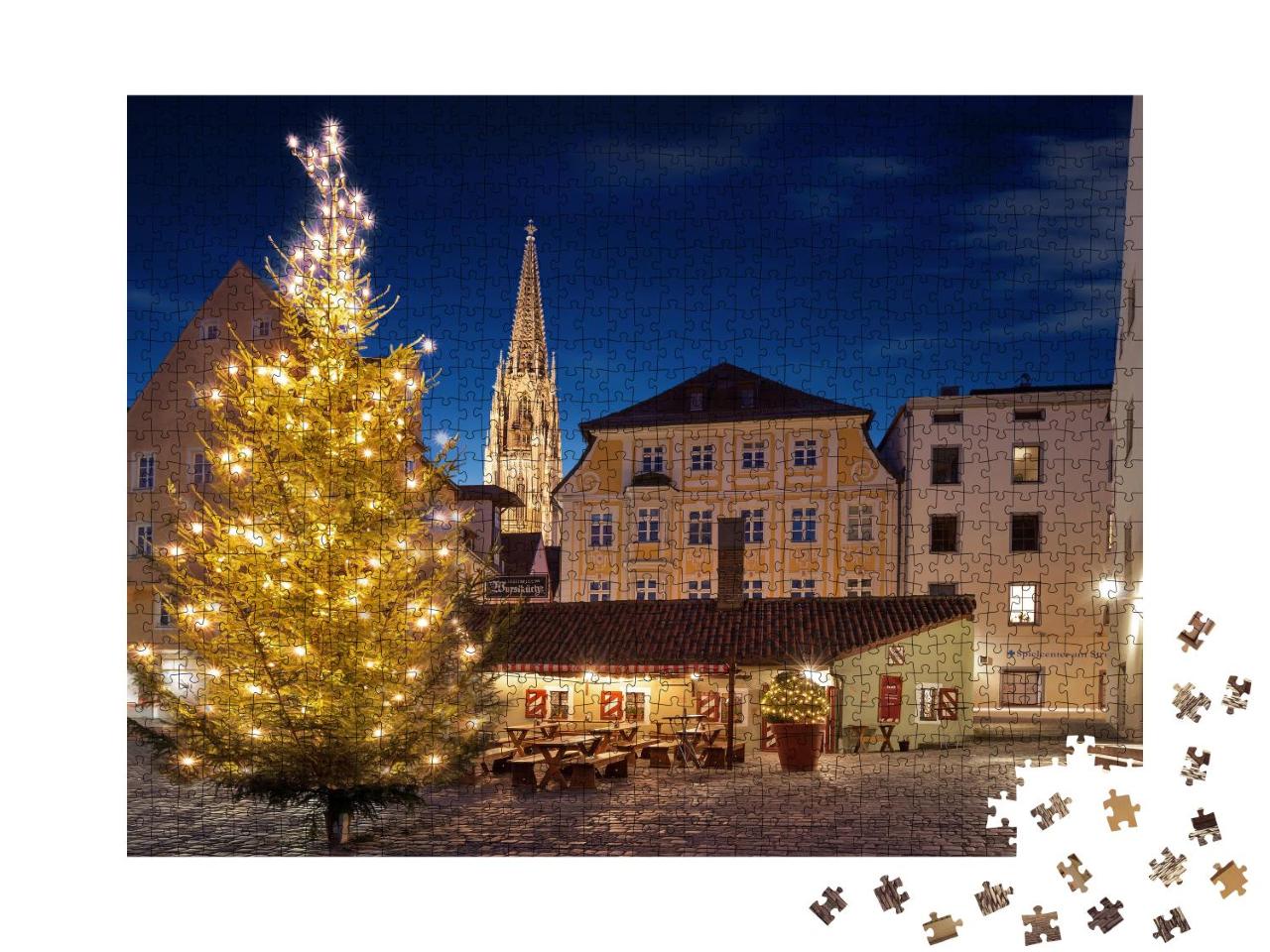 Puzzle 1000 Teile „Weihnachtsbaum auf dem Platz der Würstchenbude in Regensburg“