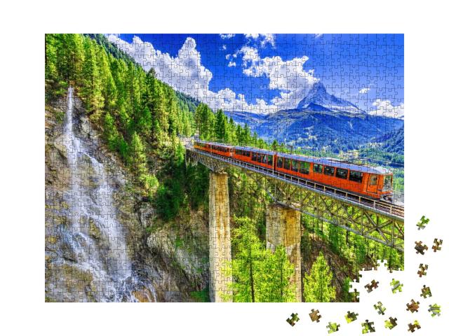 Puzzle 1000 Teile „Gornergrat mit Wasserfall, Brücke und Matterhorn, Zermatt, Wallis, Schweiz“