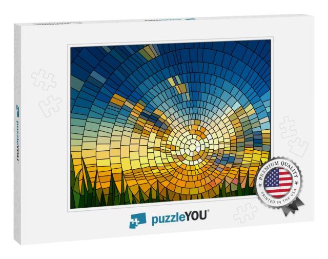 Vector Illustration of Sunset in Blue Sky in Grass Staine... Jigsaw Puzzle