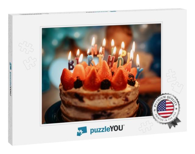 Birthday Cake with Candles Against Blue Balloons... Jigsaw Puzzle