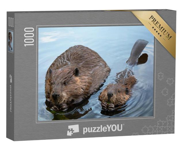 Puzzel 1000 stukjes „Mama bever en baby bever kauwen op takken“