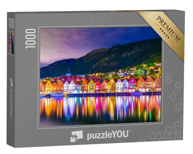 Puzzel 1000 stukjes „Avondverlichting van de houten wijk Bryggen in Bergen, Noorwegen“