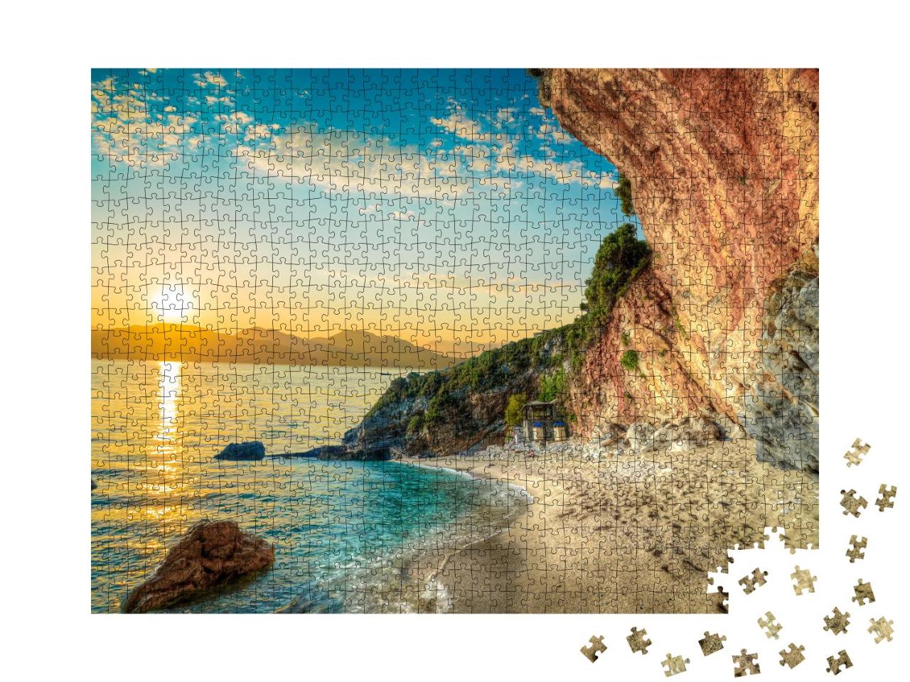 Puzzle 1000 Teile „Schöne Landschaft mit Strand und Meer bei Sonnenaufgang, Korfu, Griechenland“