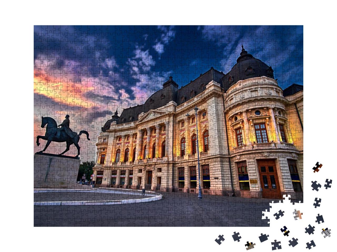 Puzzle 1000 Teile „Bukarest bei Sonnenuntergang. Calea Victoriei, Nationalbibliothek“