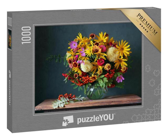 Puzzle 100 Teile „Herbststrauß mit schönen Gartenblumen und Ebereschenzweigen“