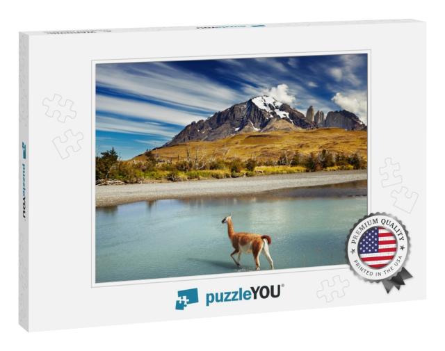 Guanaco Crossing the River in Torres Del Paine National P... Jigsaw Puzzle