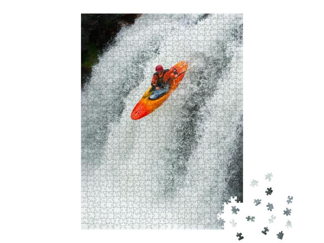 Puzzle 1000 Teile „Kajakfahrer beim Sprung von einem Wasserfall“