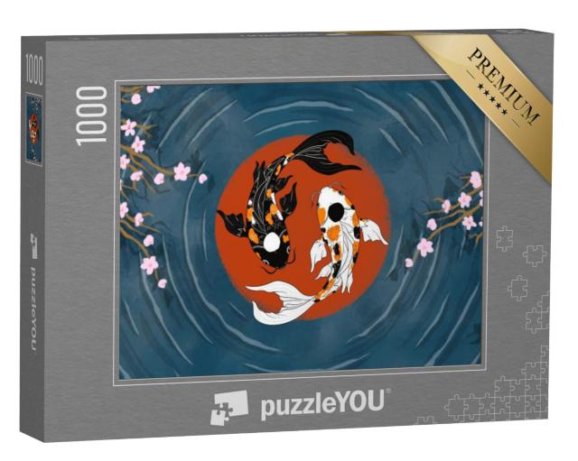 Puzzel 1000 stukjes „Oosterse yin-yang koi in een vijver met kersenbloesems“