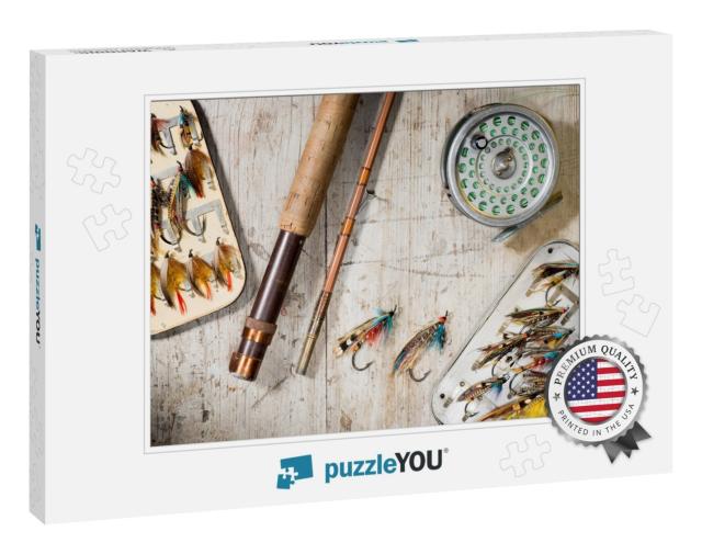 Fly Fishing Rod, Reel & Vintage Salmon Flies in Boxes on... Jigsaw Puzzle