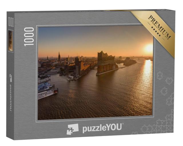 Puzzel 1000 stukjes „Panorama haven Hamburg met stadsgezicht bij zonsondergang“