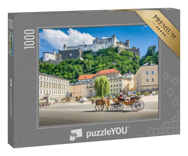 Puzzle 1000 Teile „Panoramablick auf das historische Salzburg mit Fiaker-Kutsche“