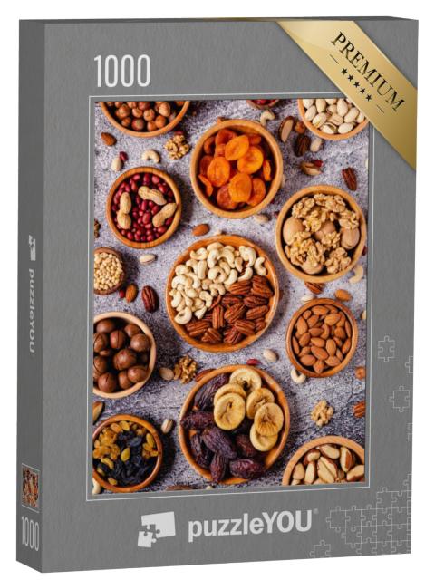 Puzzel 1000 stukjes „Noten en gedroogd fruit in houten schaaltjes“