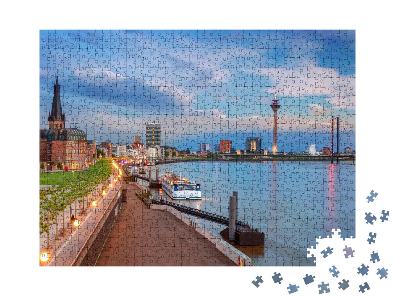 Puzzle 1000 Teile „Rhein bei Sonnenuntergang: Panorama aus Düsseldorf, Deutschland“
