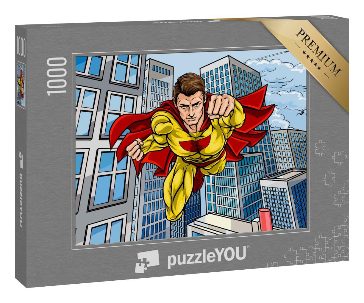 Puzzle 1000 Teile „Cartoon-Superheld fliegt über eine Stadt, Comic-Stil“