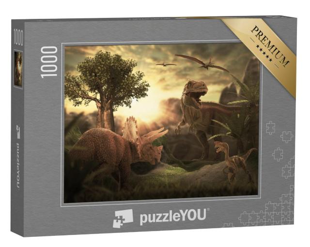 Puzzel 1000 stukjes „Tyrannosaurus Rex op jacht naar prooi“