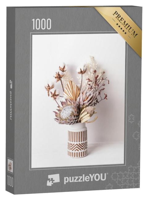 Puzzel 1000 stukjes „Gedroogde bloemen in een witte keramieken vaas“