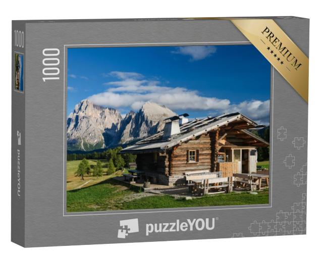 Puzzel 1000 stukjes „Hut op de Seiser Alm met Plattkofel en Langkofel, Zuid-Tirol“