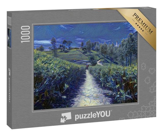 Puzzle 1000 Teile „im Kunst-Stil von van Gogh, Sternennacht - Teeplantagen und Fabrik in Sri Lanka“