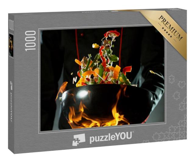 Puzzle 1000 Teile „Gemüse im Wok fliegt über den Flammen“