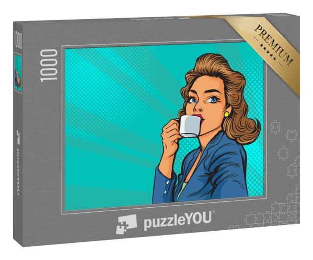 Puzzle 1000 Teile „Comic-Stil: Schöne Business-Frau mit Kaffee am Morgen“