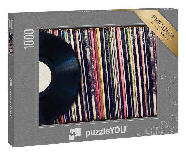 Puzzle 1000 Teile „Vinyl-Schallplatte vor einer Sammlung von Alben“