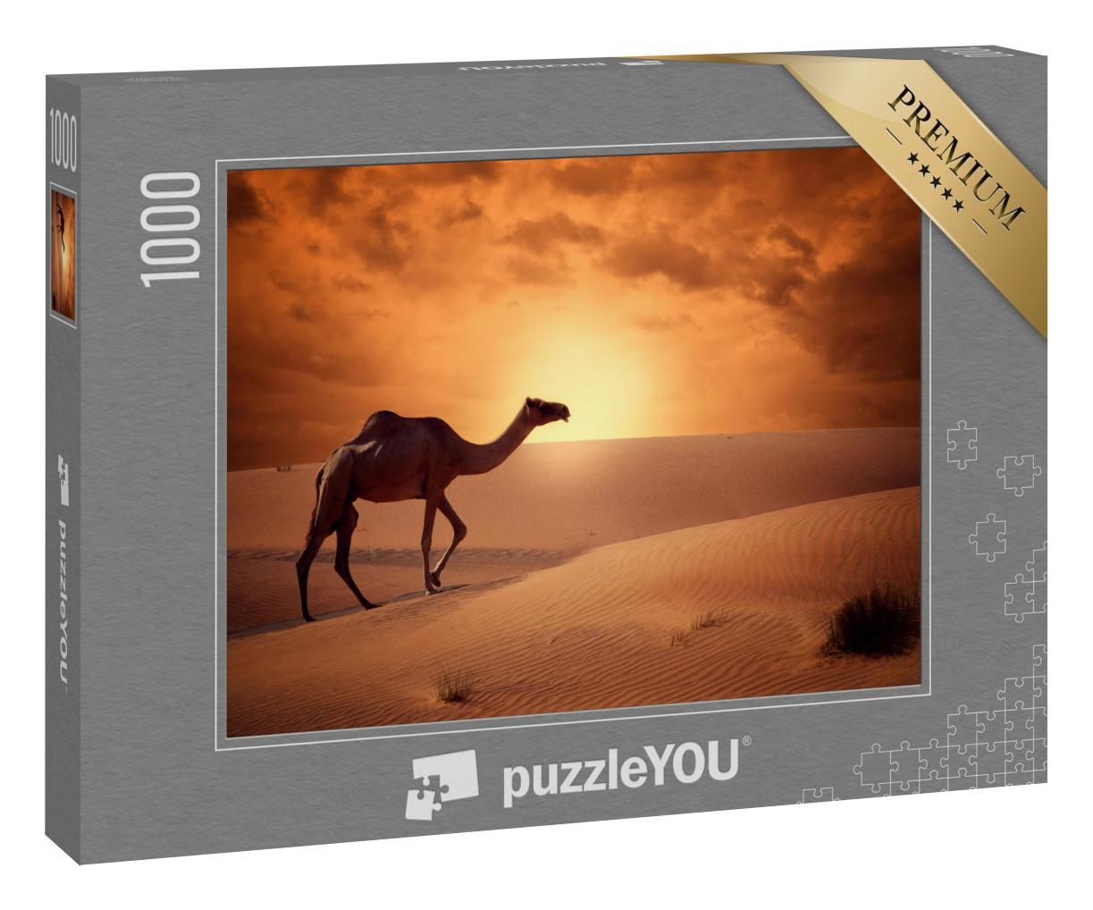 Puzzle 1000 Teile „Kamel überqueren die Wüste im Sonnenaufgang, Urlaubsreisen“