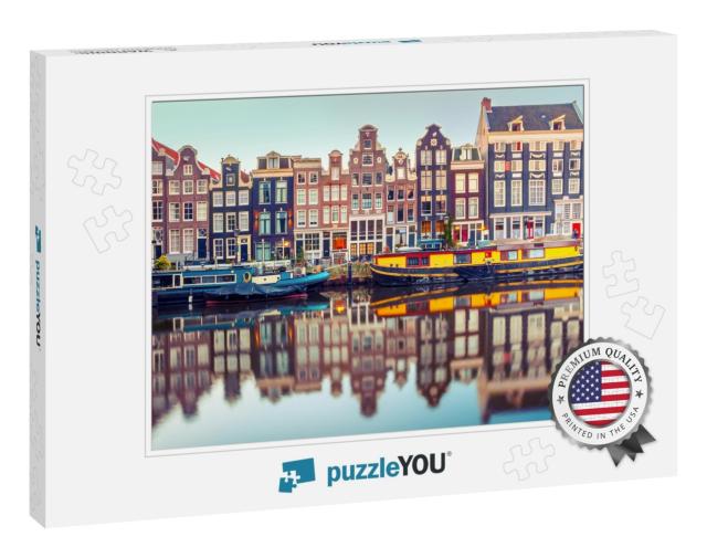 Amsterdam Canal Singel with Typical Dutch Houses & Houseb... Jigsaw Puzzle