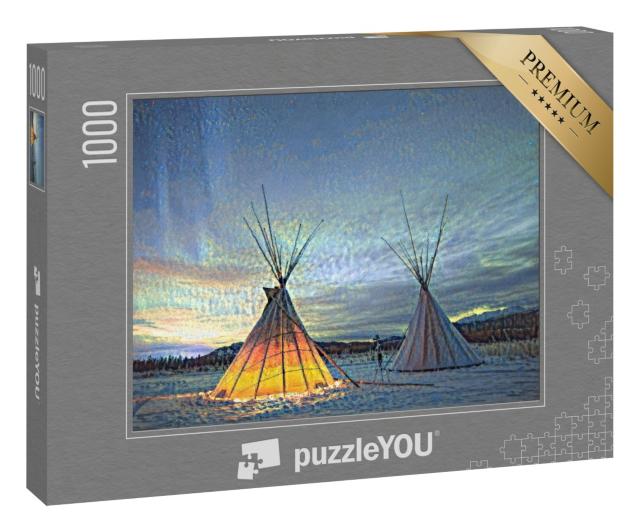 Puzzle 1000 Teile „im Stil von Paul-Cezanne - Tipies unter dem Nordlicht in Yukon, Kanada - Puzzle-Kollektion Künstler & Gemälde“