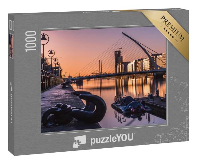Puzzle 100 Teile „Sonnenaufgang in Dublin, Samuel Backett Bridge, Fluss Liffey, Irland“