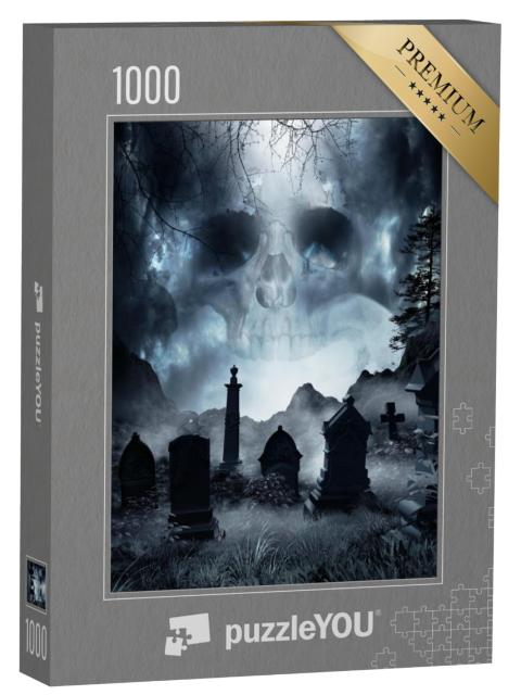 Puzzel 1000 stukjes „Nachtscène met mist en grafstenen, schedel op de achtergrond“