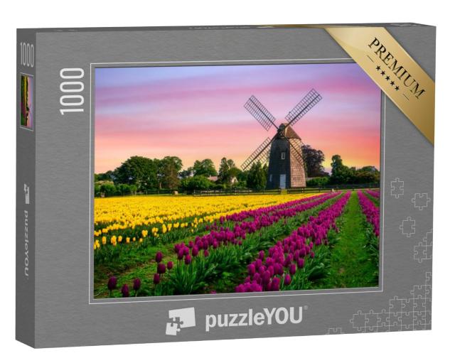 Puzzel 1000 stukjes „Windmolen in een tulpenveld met bloemen“