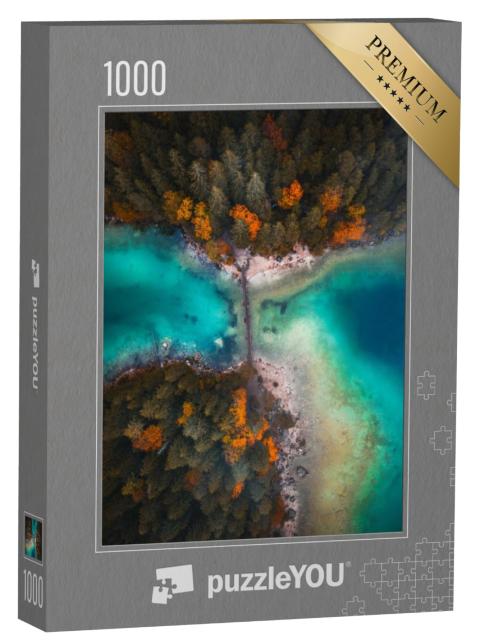 Puzzel 1000 stukjes „Een luchtfoto van een brug over de Eibsee in Beieren, Duitsland“