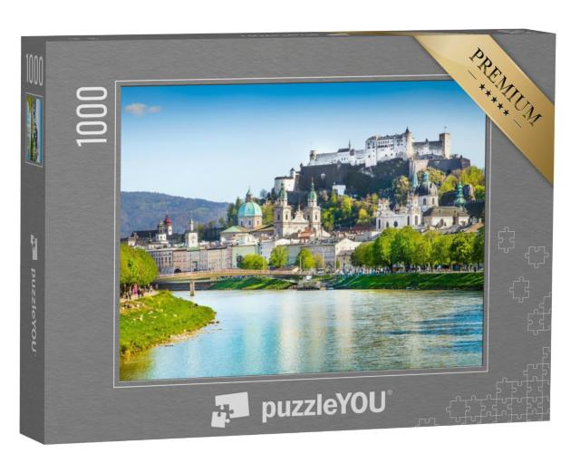 Puzzel 1000 stukjes „De skyline van Salzburg met het fort Hohensalzburg en de rivier de Salzach in de zomer, Oostenrijk“