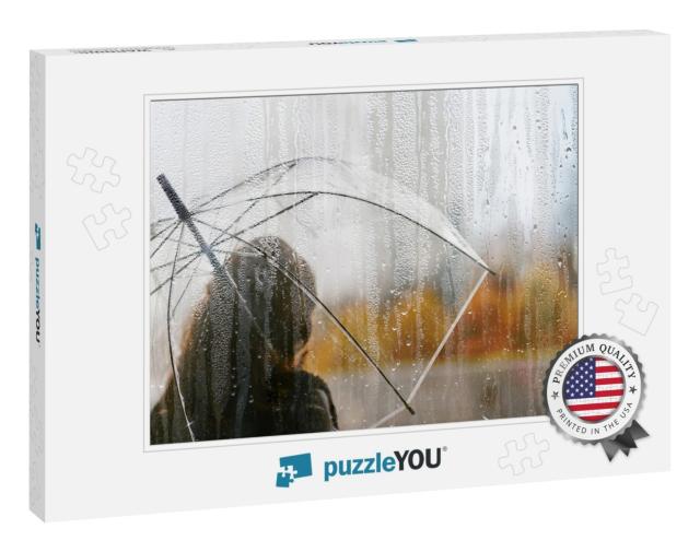 A Woman Silhouette with Transparent Umbrella Through Wet... Jigsaw Puzzle