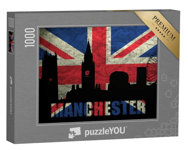 Puzzel 1000 stukjes „Manchester skyline op Britse grungevlag“