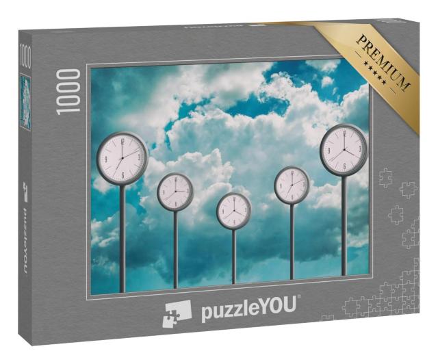 Puzzle 1000 Teile „Fünf Uhren vor einem bewölkten Himmel zeigen verschiedene Zeiten an“