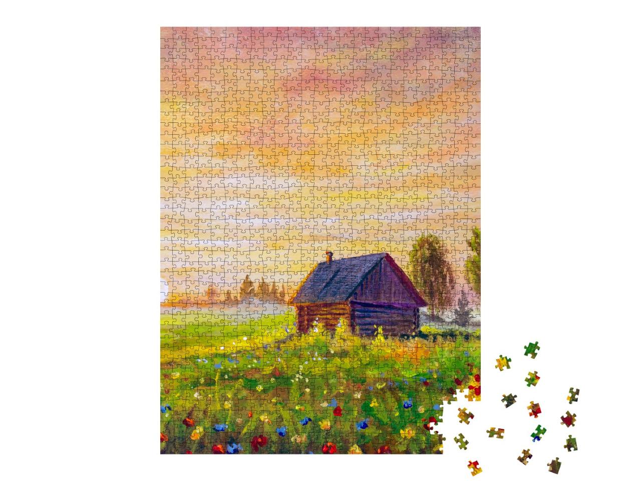 Puzzle 1000 Teile „Ölgemälde: Hütte auf einer abendlichen Sommerwiese“