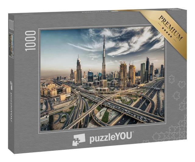 Puzzle 1000 Teile „Skyline von Dubai mit der  Stadt in der Nähe der verkehrsreichsten Schnellstraße“