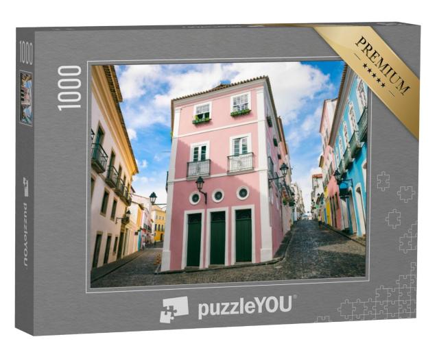 Puzzel 1000 stukjes „Keienstraten met kleurrijke koloniale architectuur, Salvador, Brazilië“