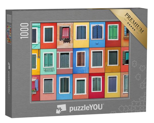 Puzzel 1000 stukjes „Collage van kleurrijke ramen in Burano, Venetië, Italië“